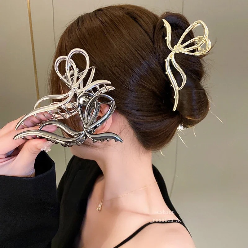 Große Bowknot Damen Haar klauen clip für dicke dünne Haarschmuck trend ige elegante Gold Silber Metall Streamer Krabben klemme Schmuck – Detail 1