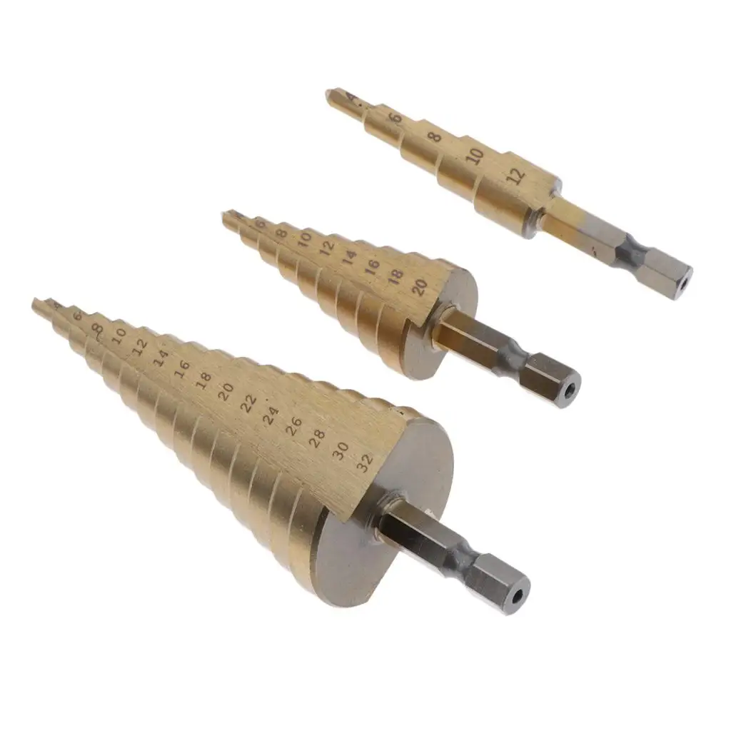 3x 4-32mm Cone Step Drill Bit Punching Cutter Tool for Woodworking Supplies