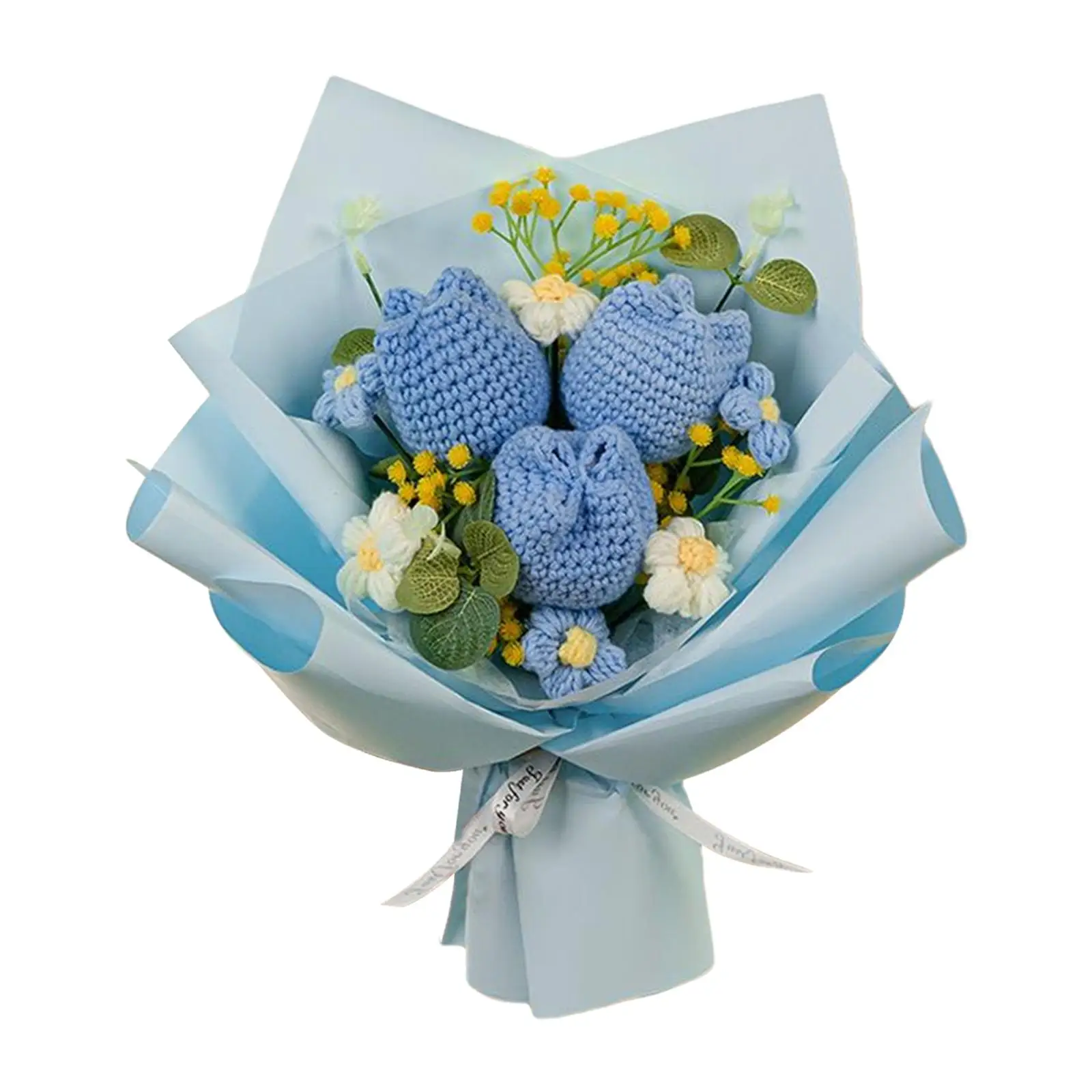 Artificial Flowers Fake Flowers with Eucalyptus Gift Knitted Flowers Crochet Flower Bouquet for Party Shelf Wedding Anniversary