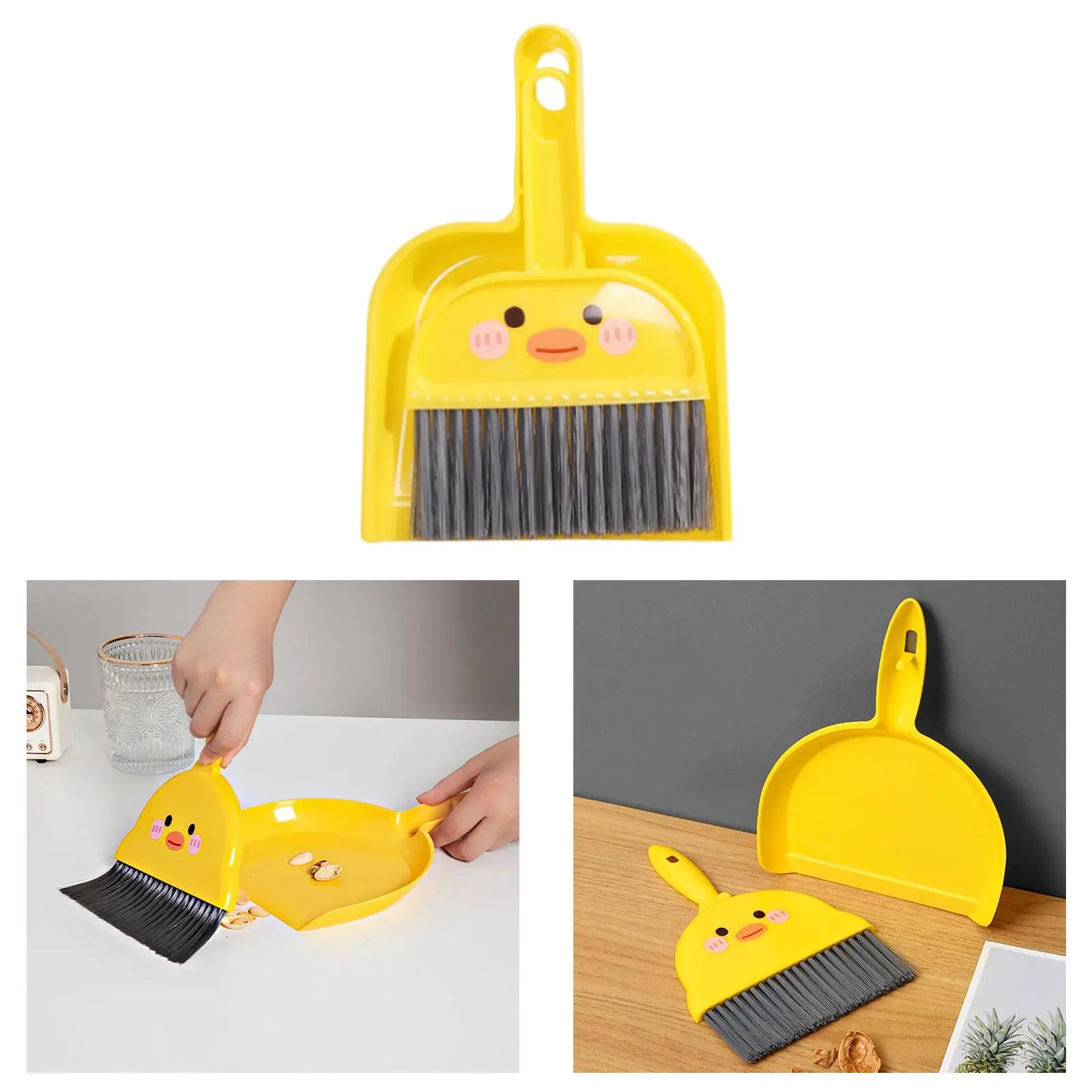 Small Dustpan and Broom Set Yellow Duck Pattern Kids Cleaning Set Housekeeping for Desk Table Countertop Carpets Small Messes