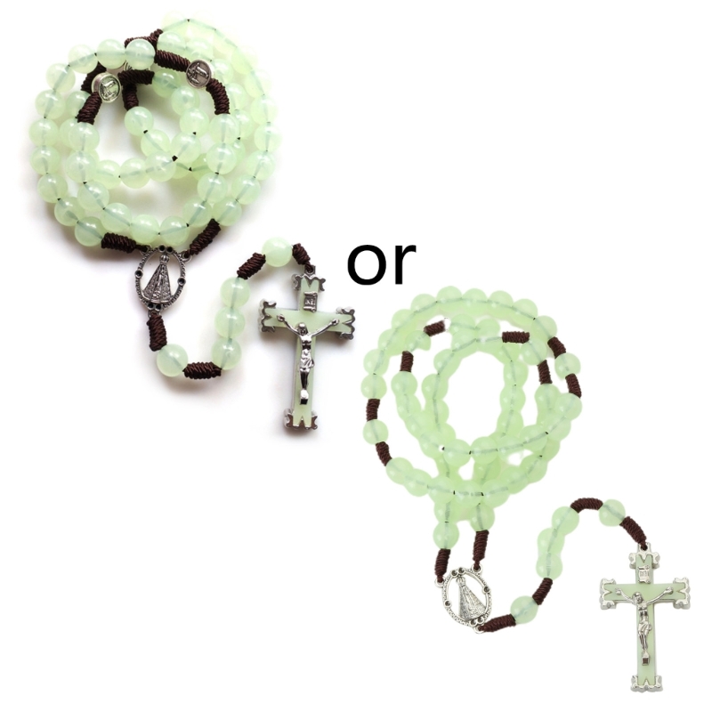 E8BD 10mm Rosenkranz Perlen Leuchtende Halskette Jesus Kruzifix für Kreuz Anhänger Halsketten Glow in Dark Religiöse Schmuck für – Detail 3