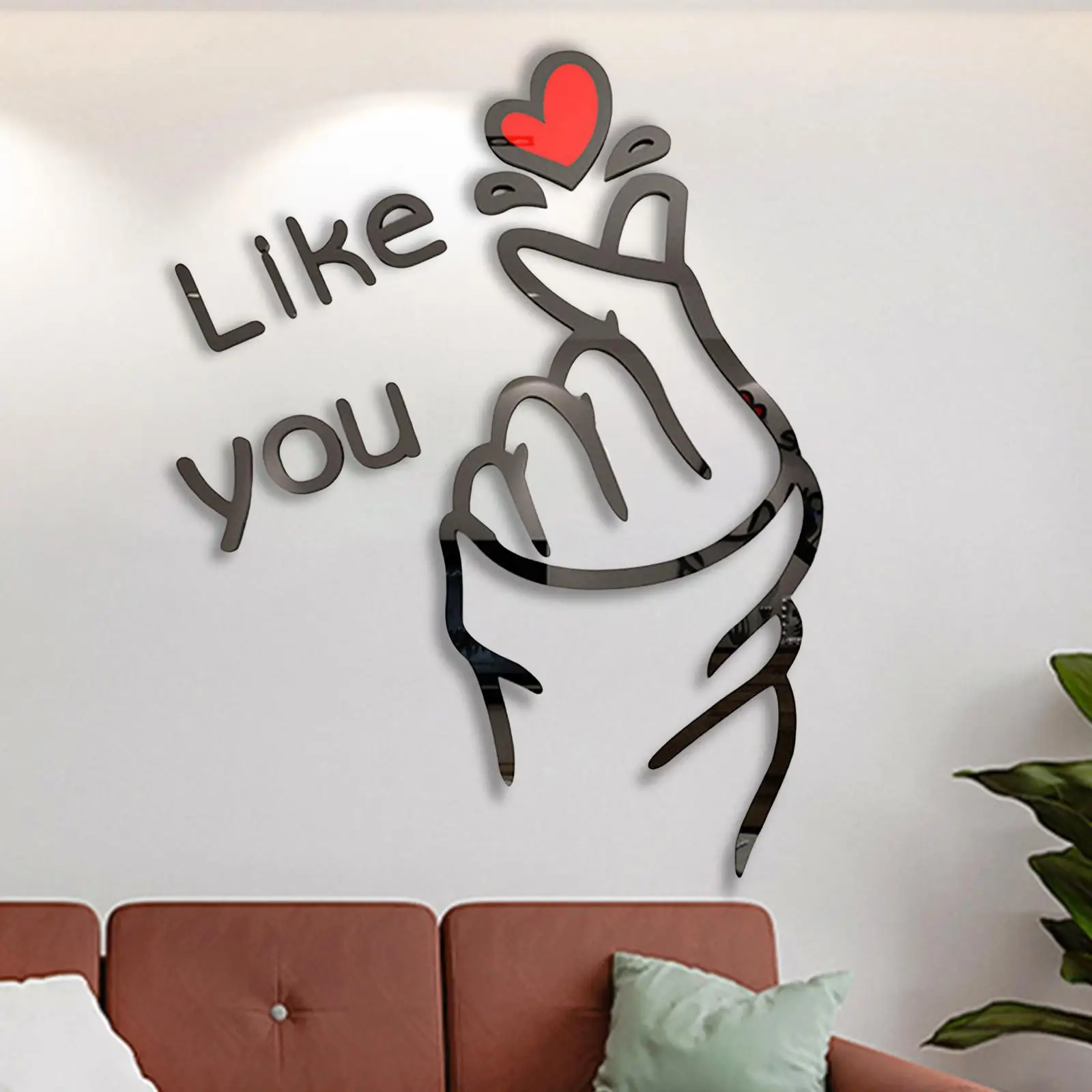Decorative 3D Red Heart Hand Gesture Wall Sticker Acrylic Mural Decal Accessories for TV Wall Background Easily Install Durable