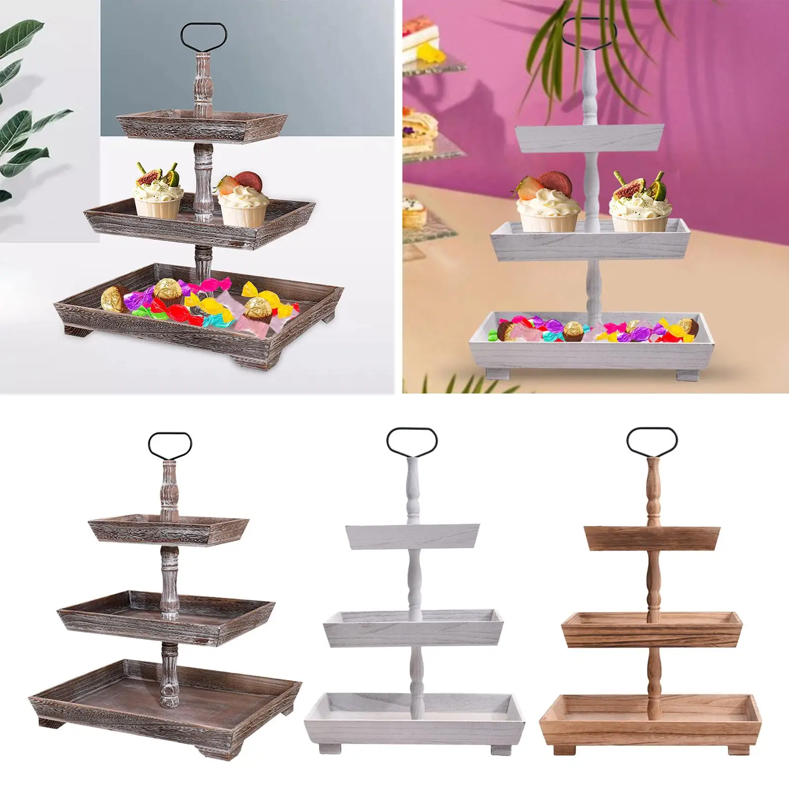 Wooden Tiered Serving Tray Cookie Plates Rectangle 3 Tier Fruit Display Stand for Kitchen