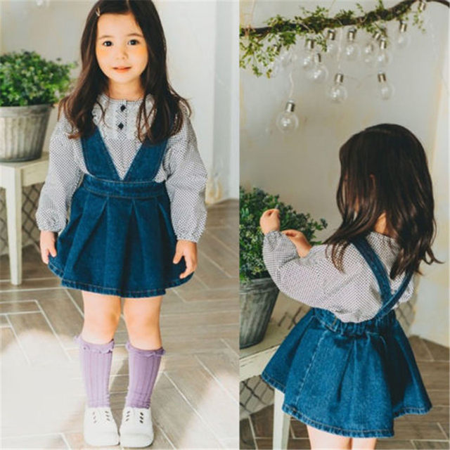 1-5years Girl Suspender Skirt Solid Blue Waist Elastic Band