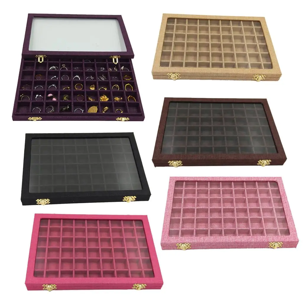 54 Mini Grids Clear Glass Lid Jewelry  Showcase Display Storage for  Counter Organizer Ring