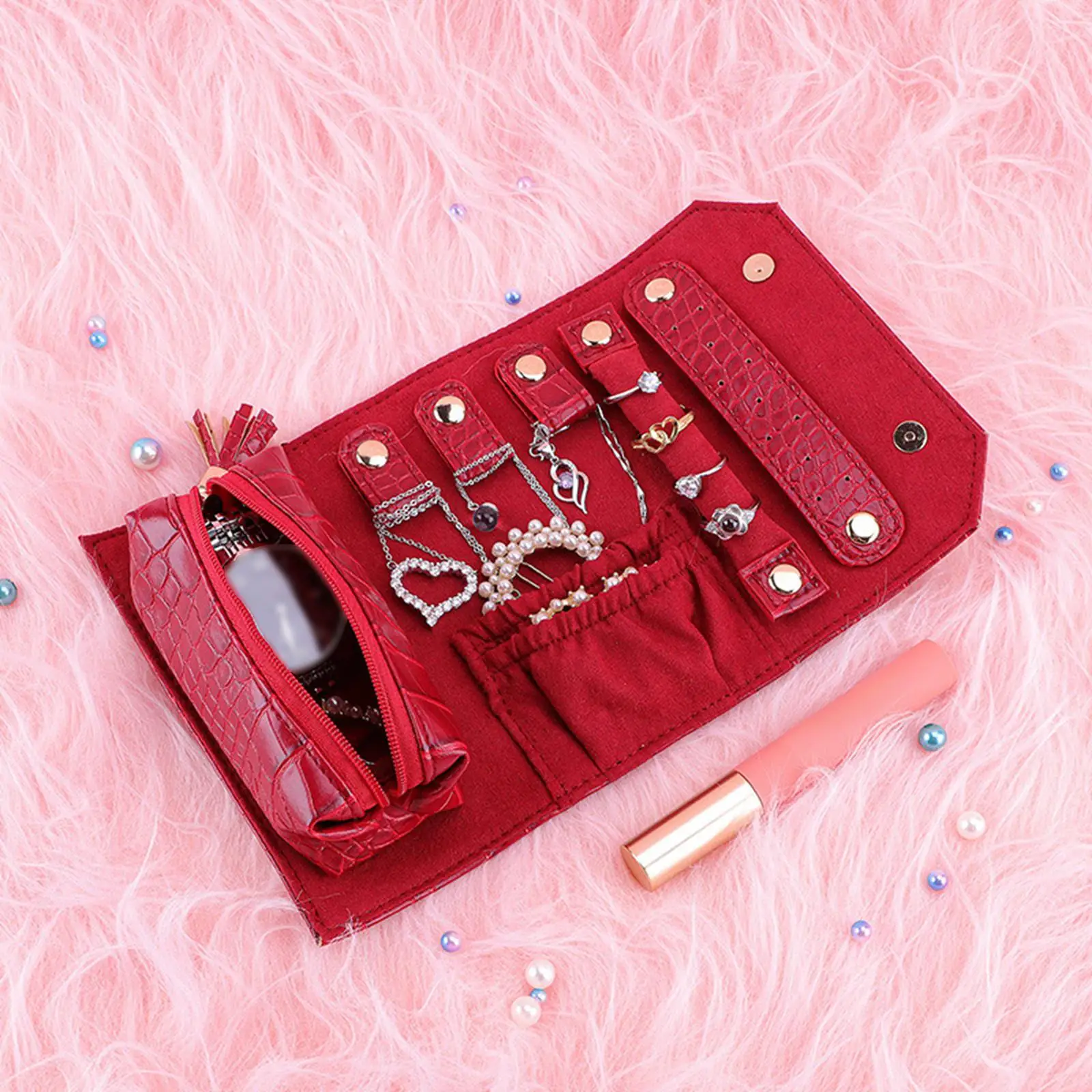 Portable Jewelry Roll Package Storage Organizer Storing Watches, Bracelets, Lipsticks Earrings, Ear Studs Accessory