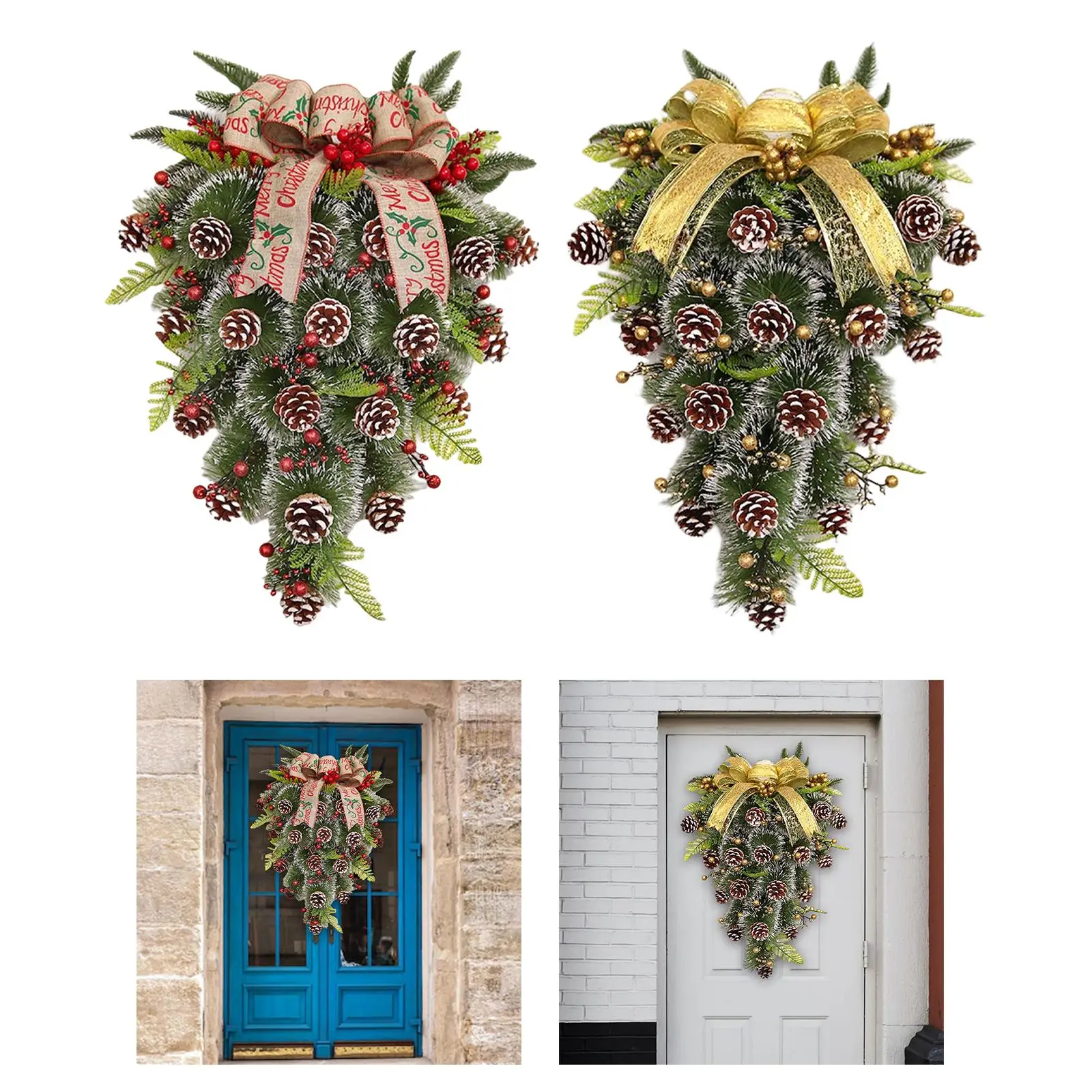 Artificial Christmas Teardrop Wreath Creative for Door Wall Windows Lovely with Bow for Outdoor Indoor Home Decoration