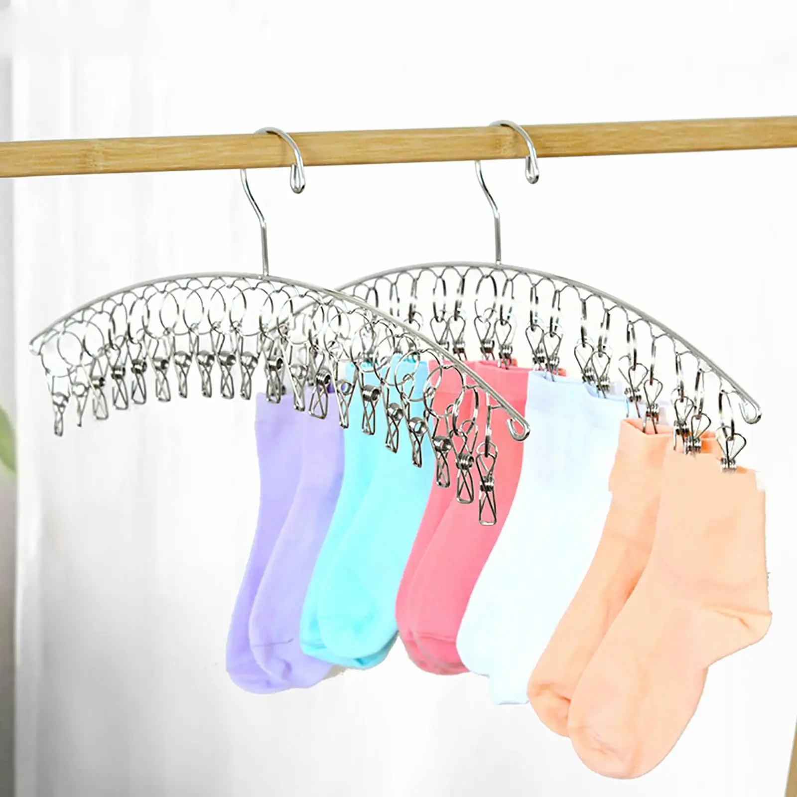 2x Clothes Drying Rack,  with 20 Sock Clips Stainless Steel Multifunctional Clothespin for Drying Socks Ties Hats Mask 