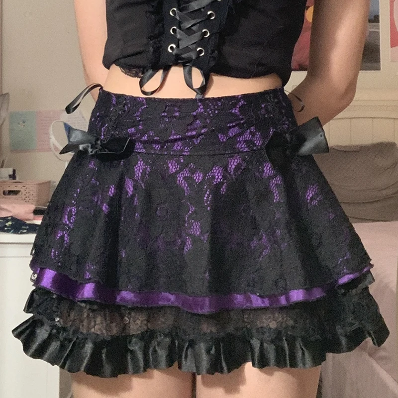 E-girl Dark Academia Kawaii Bow Lace Skirts Harajuku Grunge High-Waisted Mini Skirts Korean Fashion Gothic Emo Alt Clothes Women