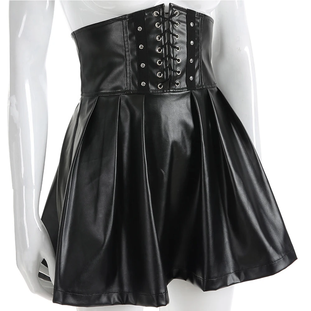 E-girl Gothic PU Leather Pleated Skirts Harajuku High Waist Tight Bandage Mini Skirt Punk Style Grunge Dark Academia Clothes
