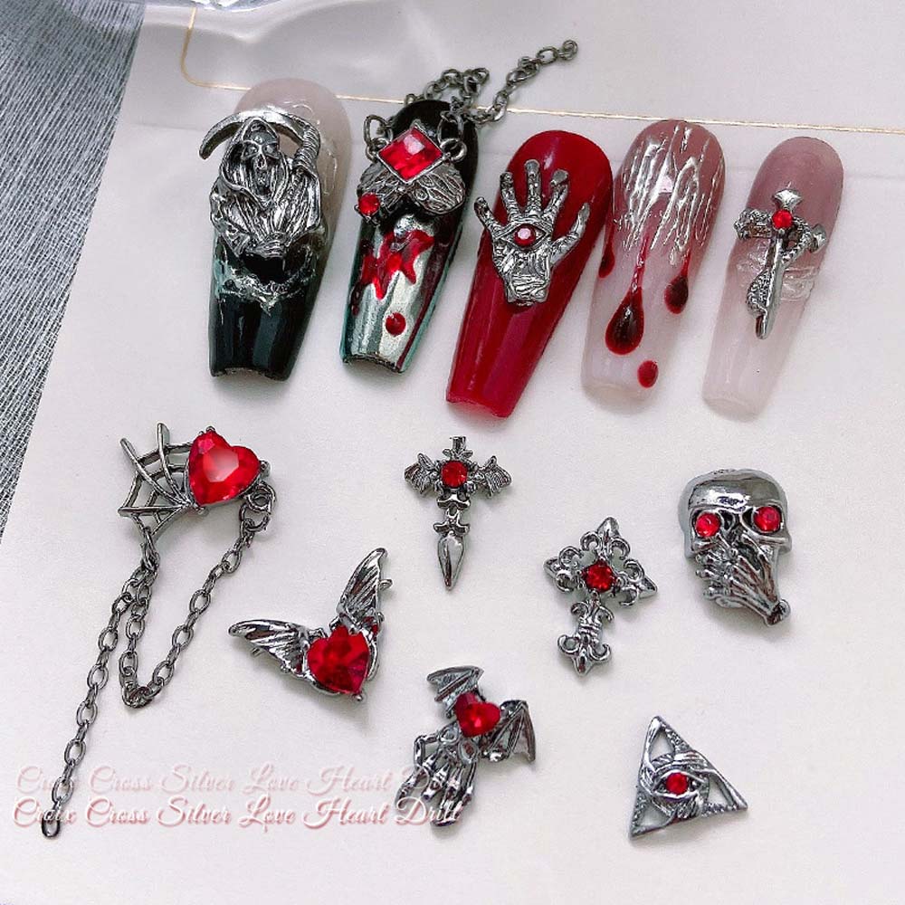 Best of 10Pcs Halloween Chain Pendant Nail Art Charms 3D Cross Skeleton Love Inlaid Red Black Gemstone Nail Decoration DIY Nail Supplies Reviews & Tips