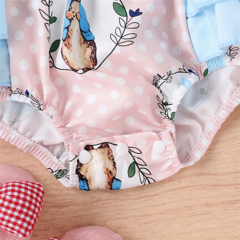 Ostern Infant Baby Mädchen Strampler Dot Kaninchen Druck Square Neck Fly Hülse Rüschen Backless Baby Bodys mit Bogen Stirnband – Detail 7
