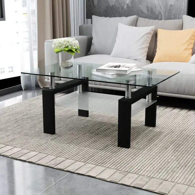 Mesa de centro negra, mesa de centro rectangular moderna con tapa de vidrio  con estante inferior Patas de madera Muebles de sala de estar Stock de EE.