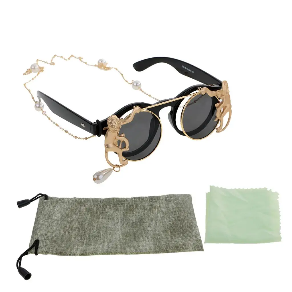 Vintage Cute Round Goggles Glasses Monkey Pearl Chain Cord Anti-slip Retro Sunglasses Travel Outdoor Activities Eyewear