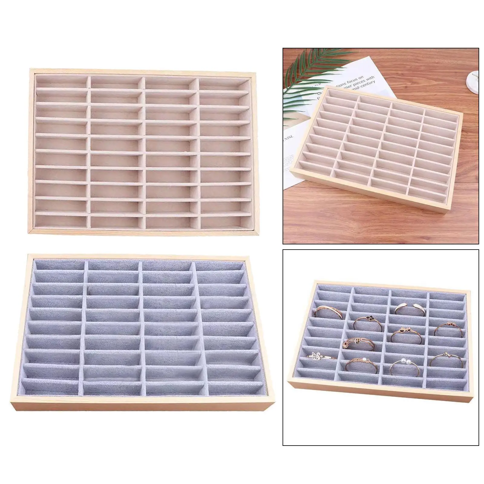 Wood Velvet Jewelry Organizer Display Case Tray Box for Necklaces 40 Grids
