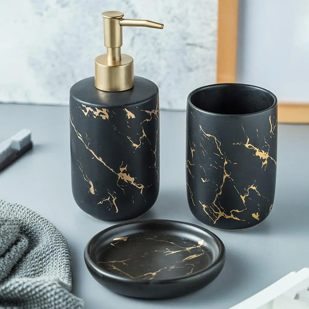 Bathroom Counter Accessories Set CERAMIC Marble Pattern Lotion Dispenser Soap Dish, Durable Construction
