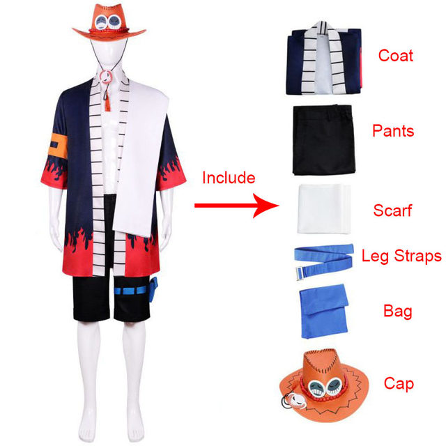 Cosplay Anime One piece Portgas·D· Ace Costume Halloween Suit Wig Outfit  Coat