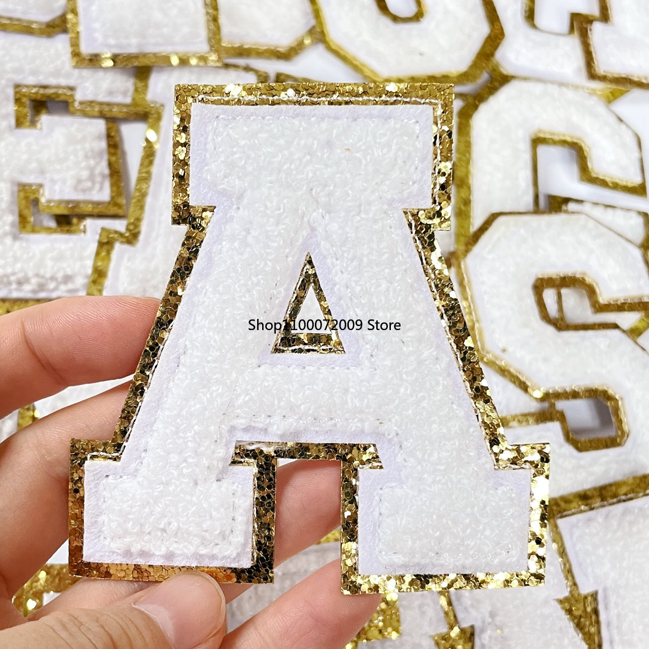 Description Picture 3 of item5.5CM White Chenille Letter Patches Iron on Towel Embroidered Felt Alphabet Glitter Sequins Heat Adhesive Applique DIY Accessory