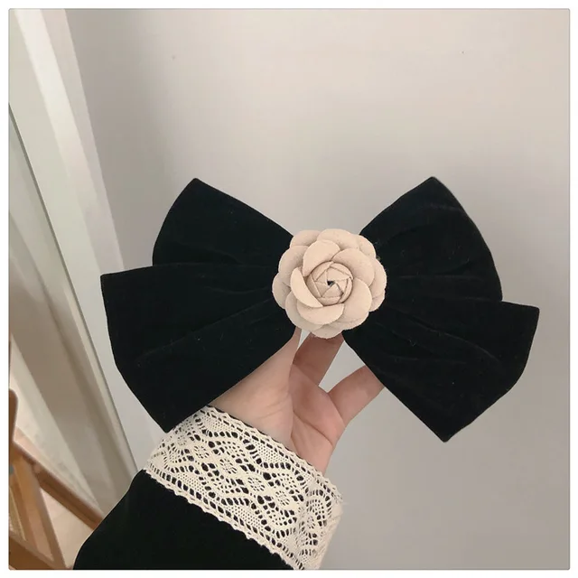 Retro Black Velvet Bow Hairpins for Women Fabric Camellia Flower