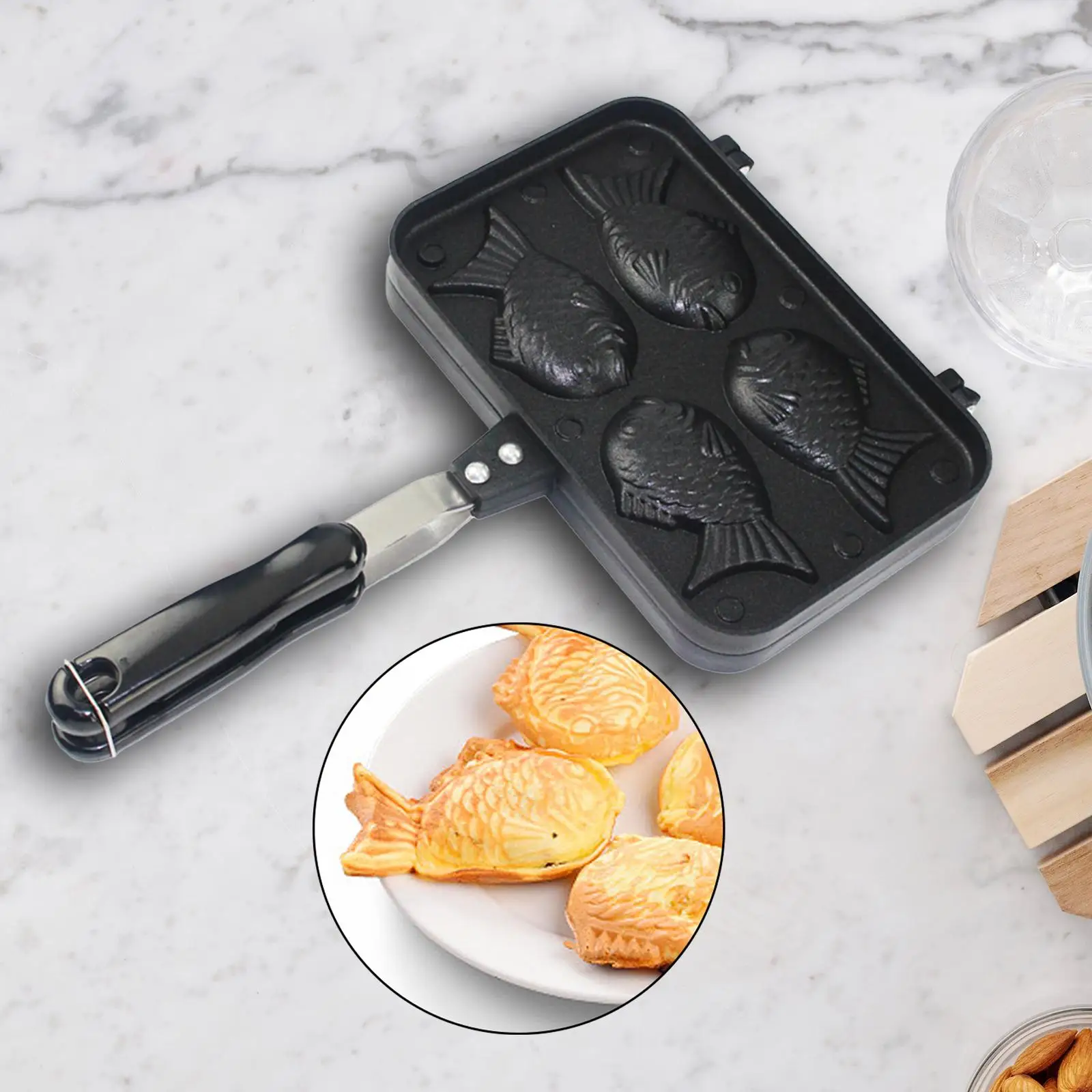 4 Fish Taiyaki Bakeware Detachable Handle Convenient Baking Maker Smooth Waffle Baking Pan Snapper Grill Plate for Outdoor Home