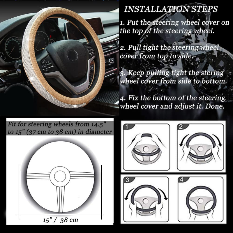 Strass Auto Lenkrad Abdeckung Leder Bling Kristall Diamant Lenkrad Schutz Auto Innen Dekoration Zubehör – Detail 6