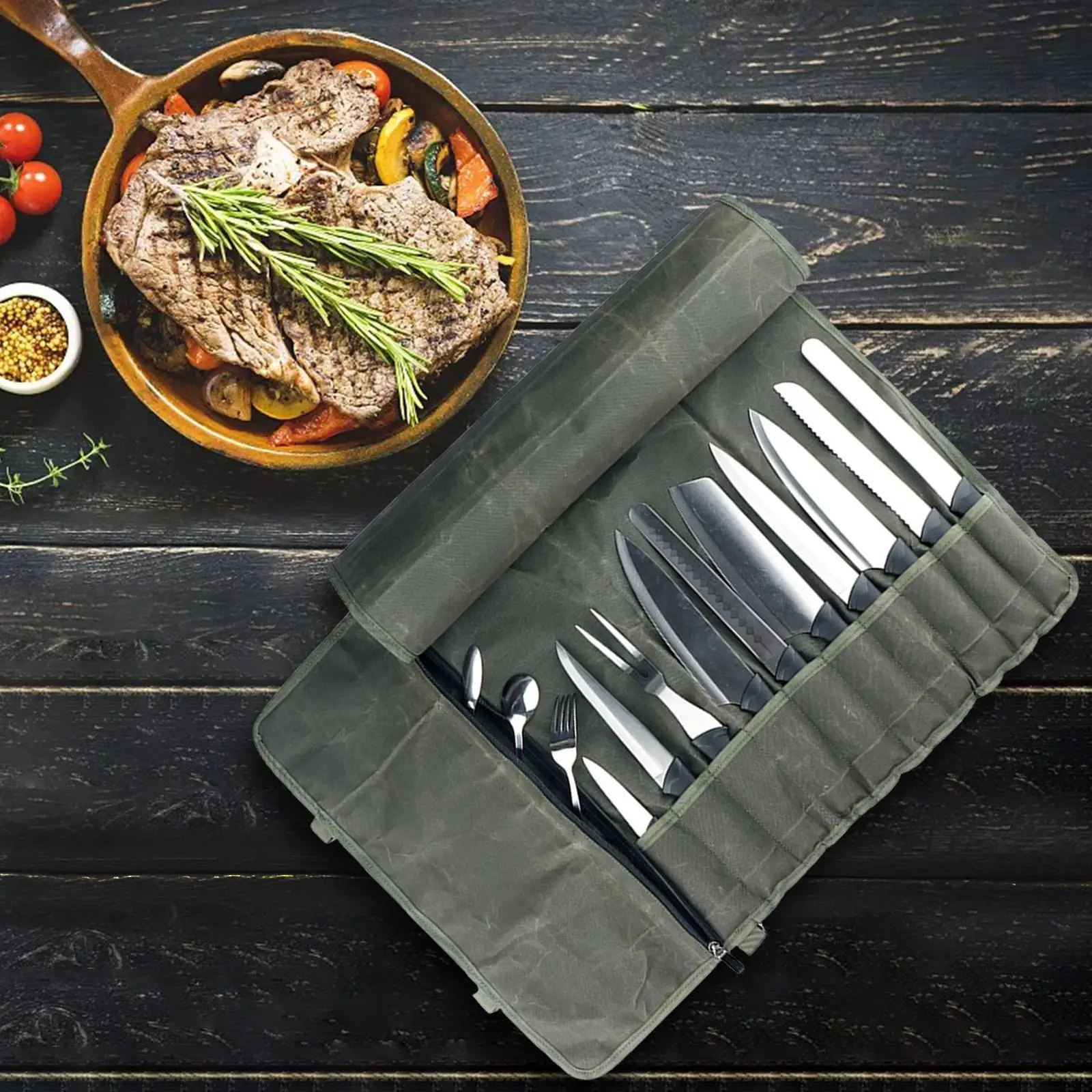 Portable Knife Roll Bag with Shoulder Strap 10 Knife Slots Pouch Holders Chef Knife Case Knife Cutlery Carrier for Home Kitchen