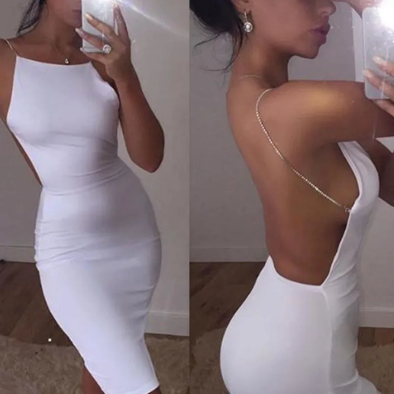 2022 Women Ladies Summer Sexy Evening Party Dress Sleeveless Solid White Backless Hollow Out Skinny High Waist Knee-Length Dress crochet bikini cover up