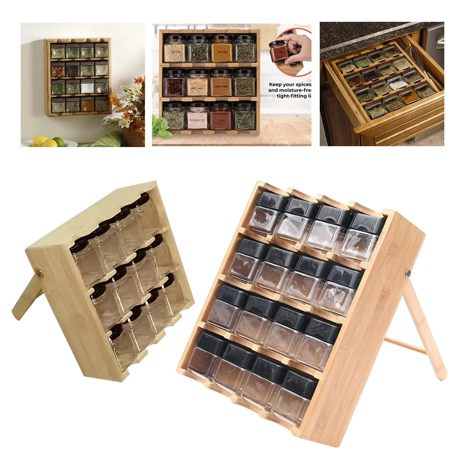 Spice Rack, Multi Tier Wood Free Standing Wall Mount Versatile Eco Friendly Storage Shelf Holder for Countertop Pantry Kitchen