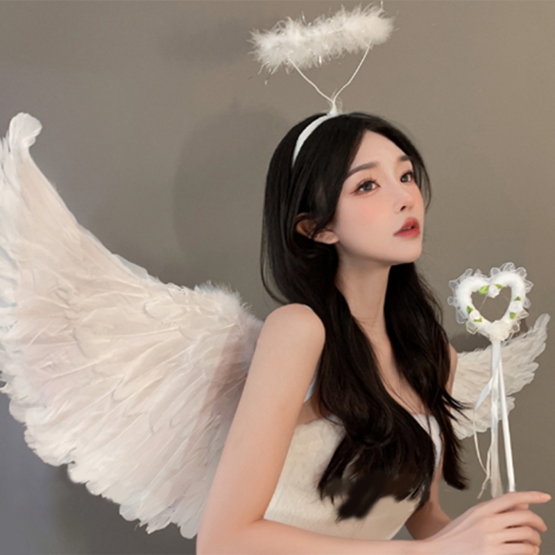Engel Halos Stirnband mit Engel Zauberstab Engel Kostüm Engel Halloween Cosplay Kostüm Zubehör weiß für Frauen Mädchen – Detail 5