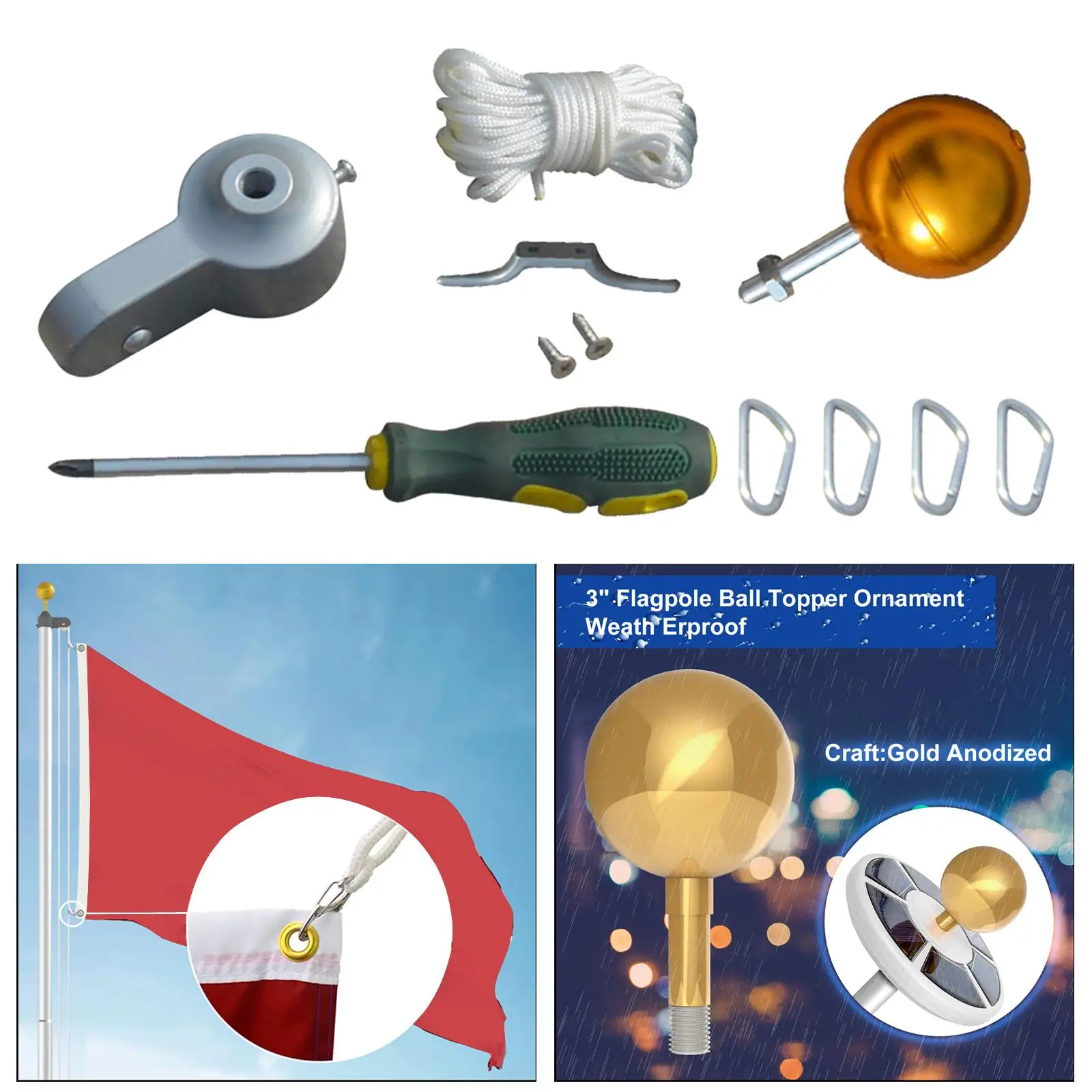 Premium Flagpole Hardware Screws Flagpole Accessories Repair Kit, Pulley Gold Ball,