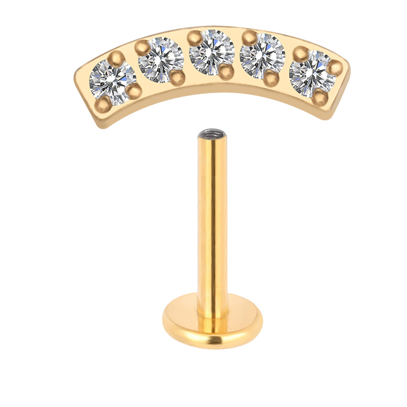 G23 Titanium Ear PIERC Curved Bar Earrings 5 CZ Paved Top Cartilage Threaded Labret Stud Tragus Lip Ring Body Piercing Jewelry