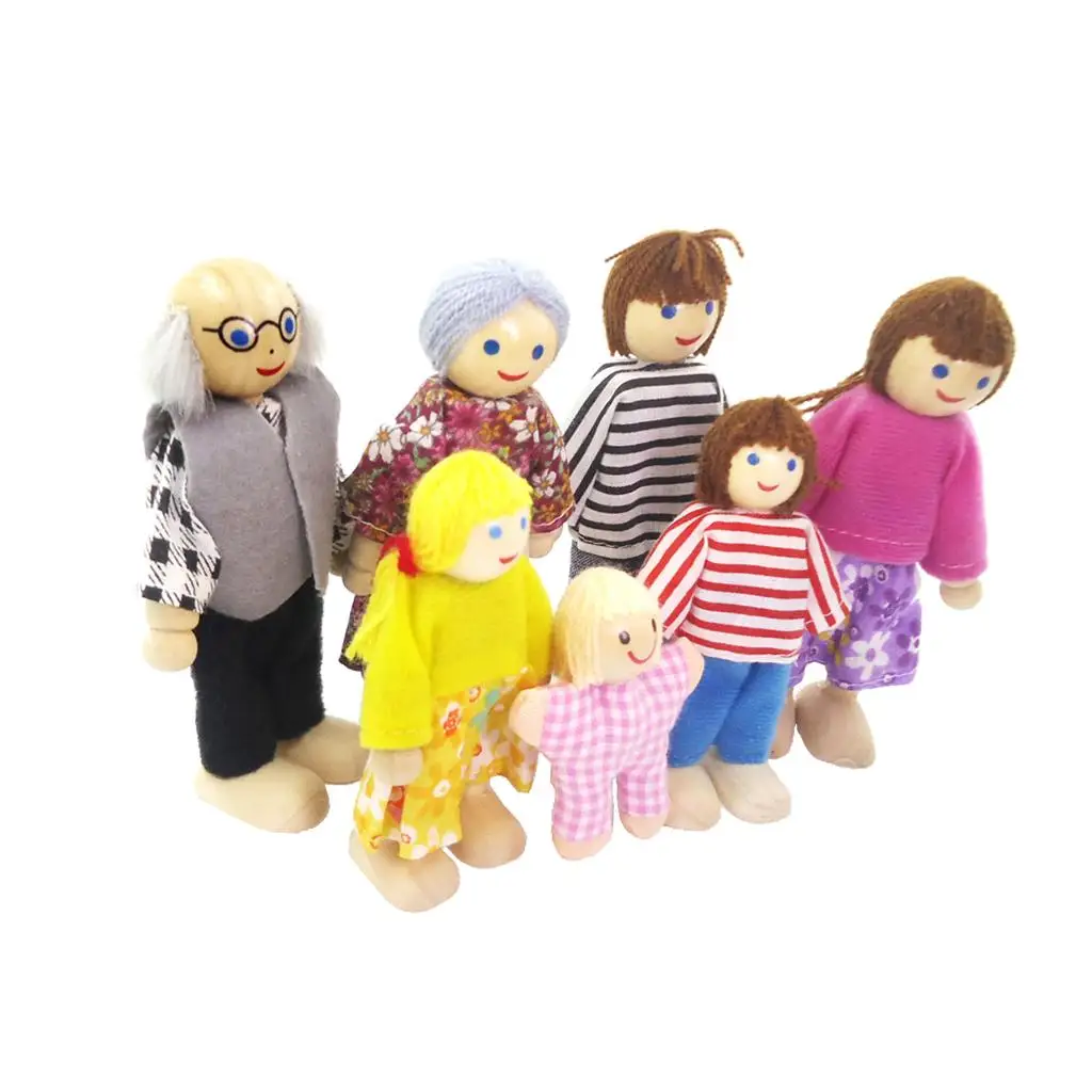 7 pieces Dollhouse Miniature Wooden Dolls  Life  Colorful Clothes