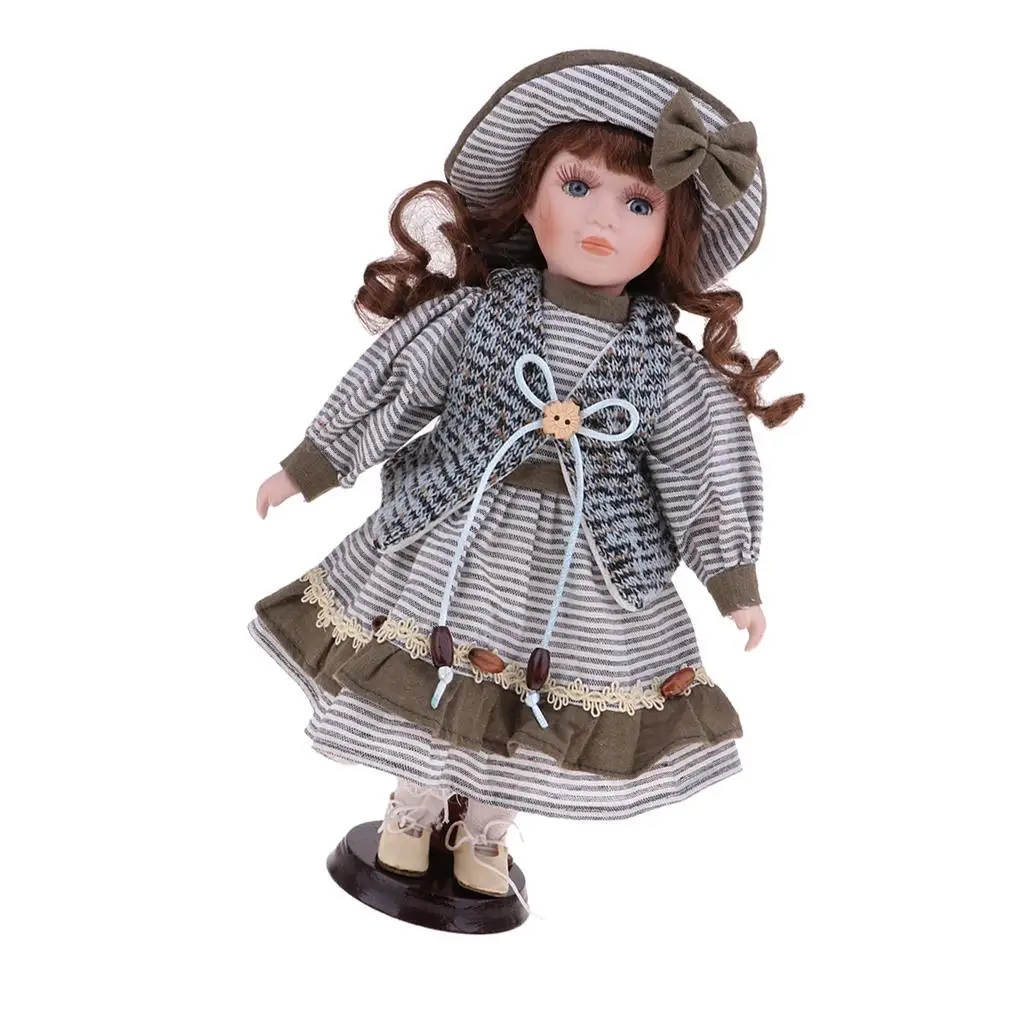 30cm Porcelain Doll Victorian Girl Standing Figures with Wooden Stand Kids Adult Collections