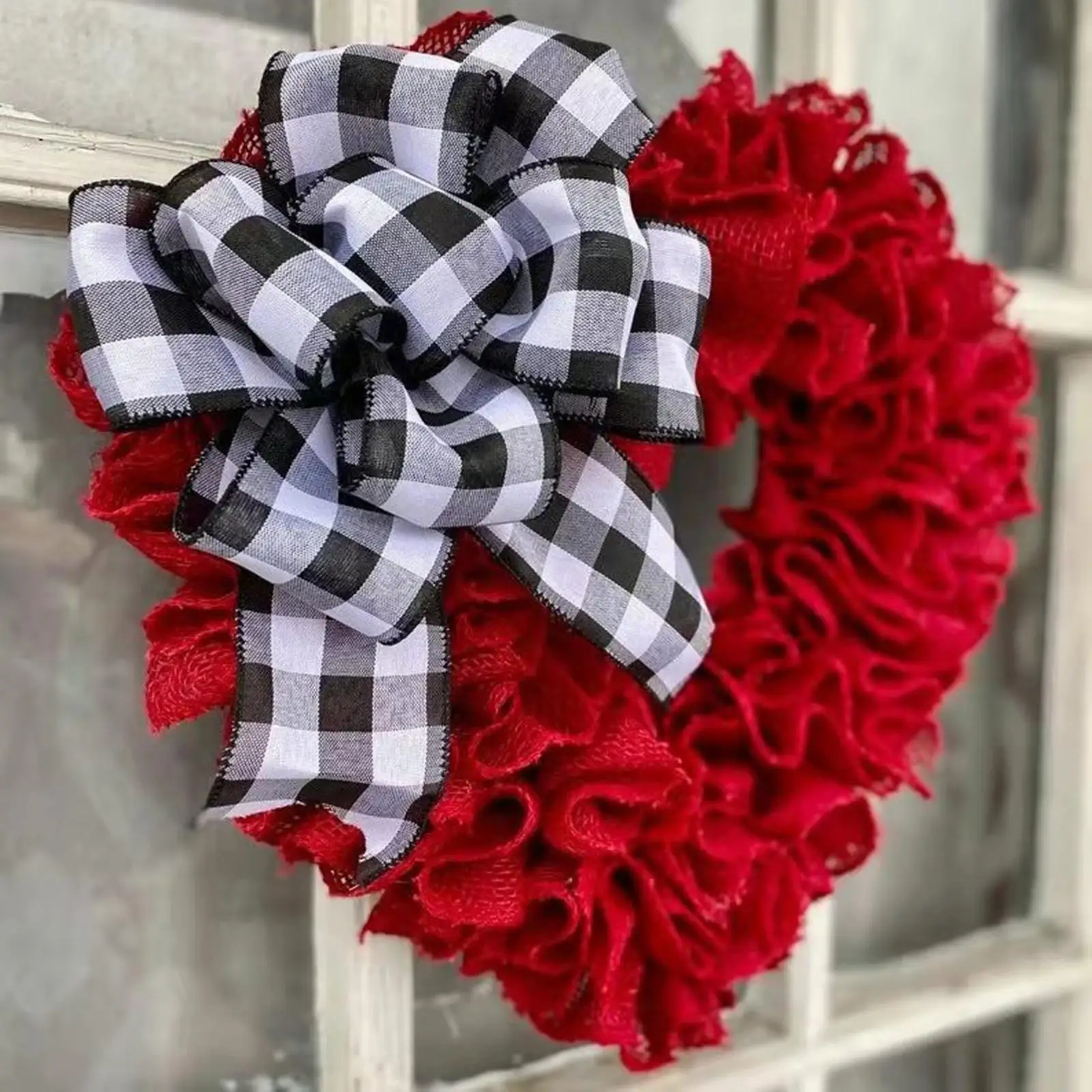 Red Heart Shaped Wreath 5.7in Plaid Bowknot Front Door Artificial Garland for Home Farmhouse Decoration