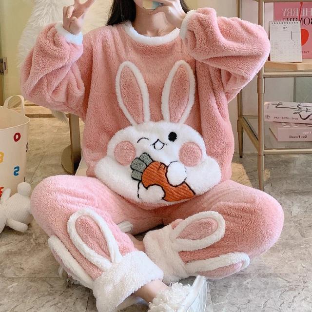 Autumn Sweet Princess Pajamas Set Women Cute Bunny Coral Fleece Warm  Sleepwear Home Clothes Girls Kawaii Cartoon Pijama 2 Piece - AliExpress