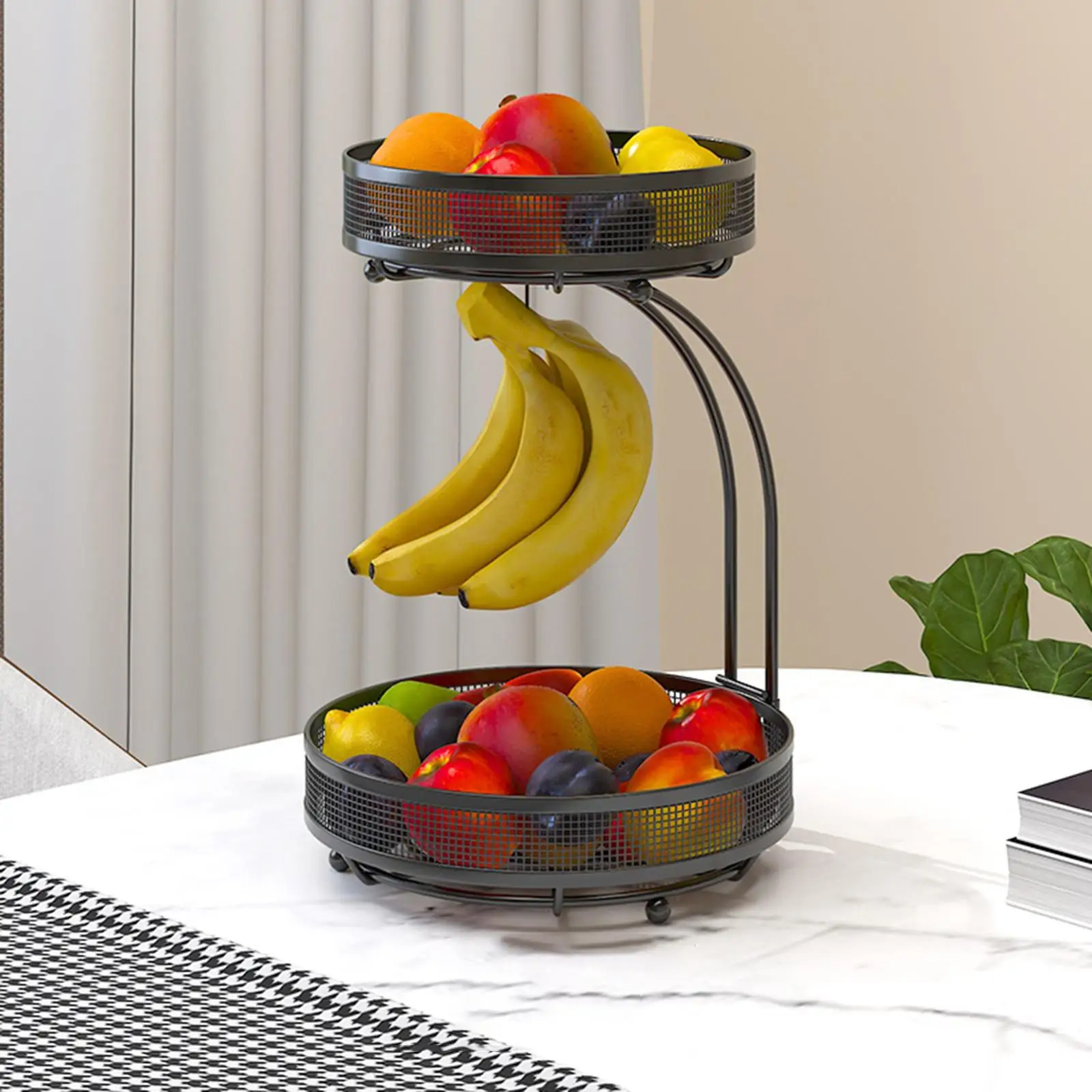 Metal 2 Tier Fruit Vegetables Basket with Banana Hanger Multifunction Fruit Vegetable Storage Holder Display for Vegetables