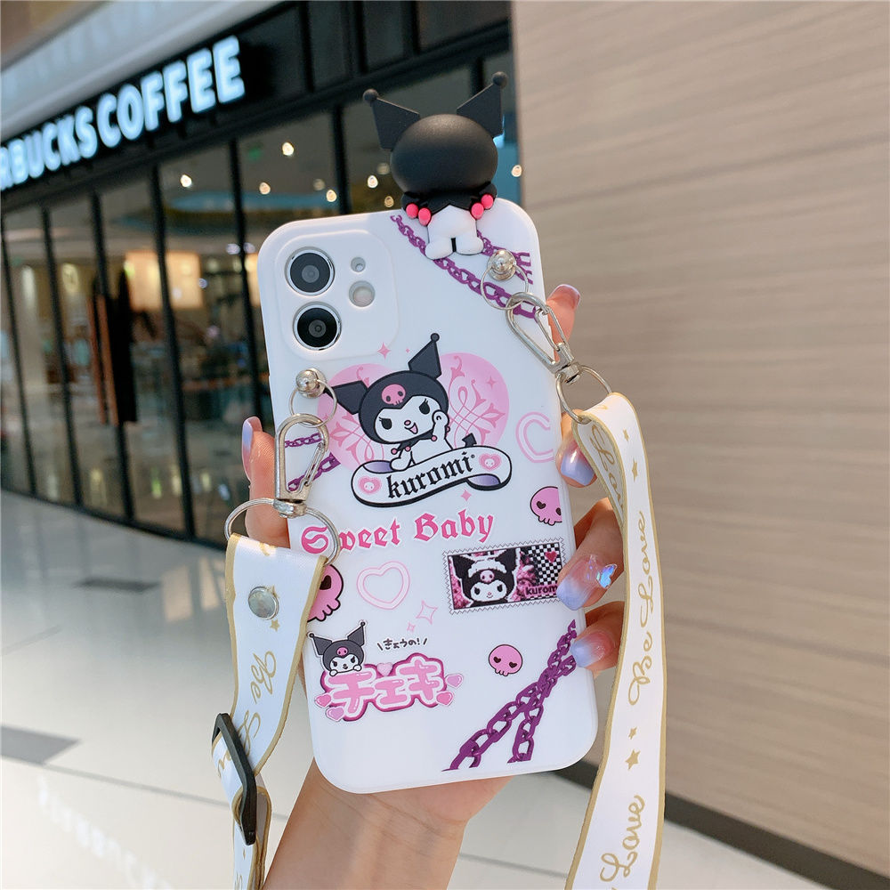 Hello Kitty Kuromi Silicone Case for iPhone11 12 13 Pro Max Mini X XS MAX XR 3D Cartoon with Lanyard Soft Cover Phone Holder best case for iphone 13 pro max