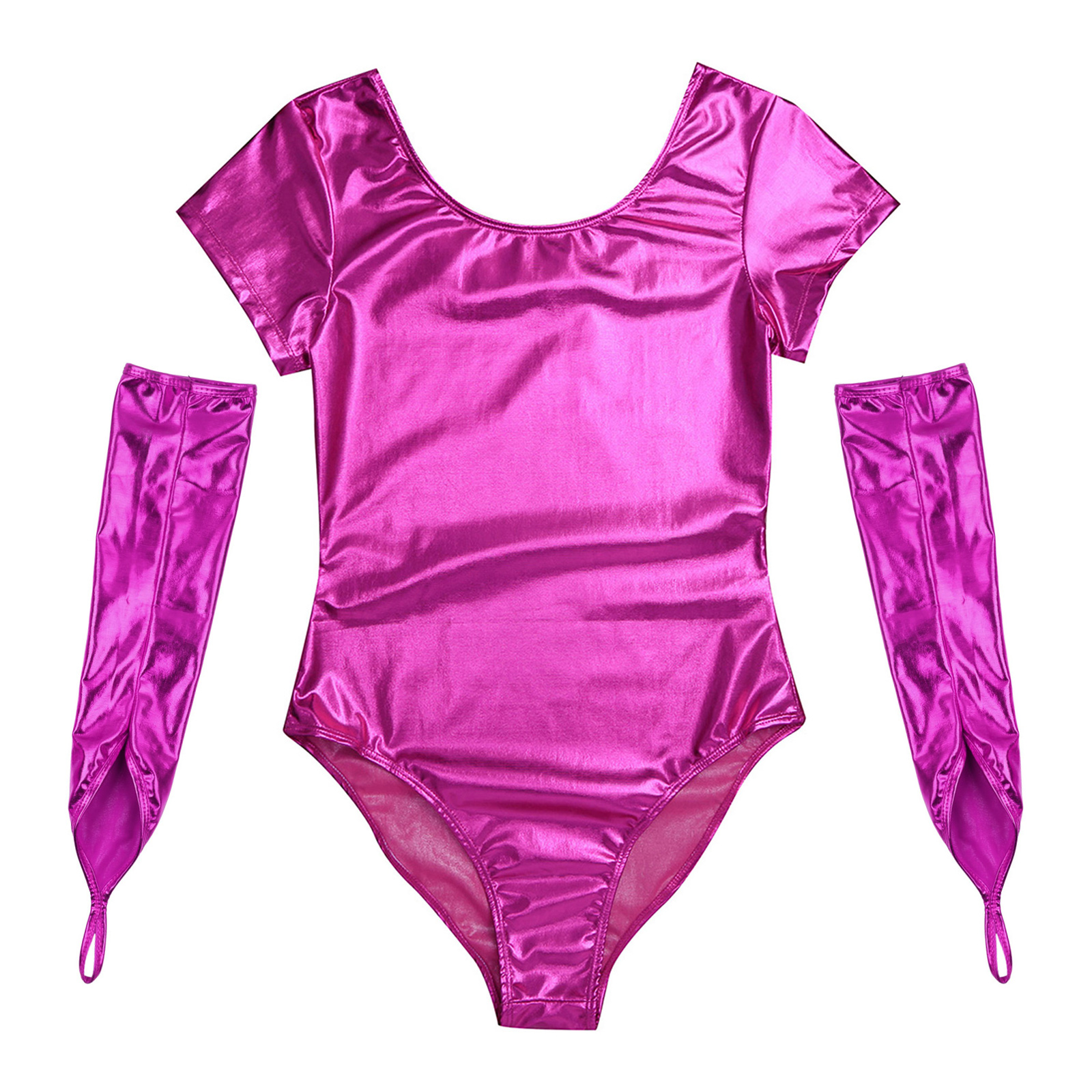Damen glänzendes Lack leder Ballett Tanz kostüm Kurzarm einteiliger Trikot Body mit bogenlangen finger losen Handschuhen – Detail 12