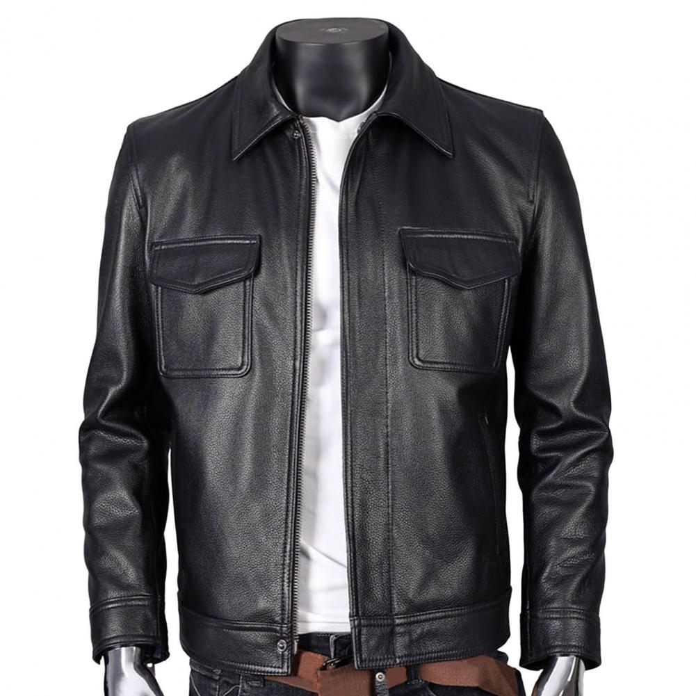 Description Picture 6 of itemMen Outerwear Windproof Jacket Slim Fit Men's Faux Leather Jacket Lapel Zipper Placket Flap Pockets Autumn Winter Spring Outwear