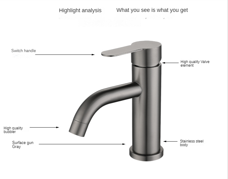 Nombre 4, Einlochmontage-Waschtischarmatur Gun Grey Hot Cold Water Basin Mixer Taps Deckmontierter Badarmatur 304 Edelstahl Ste