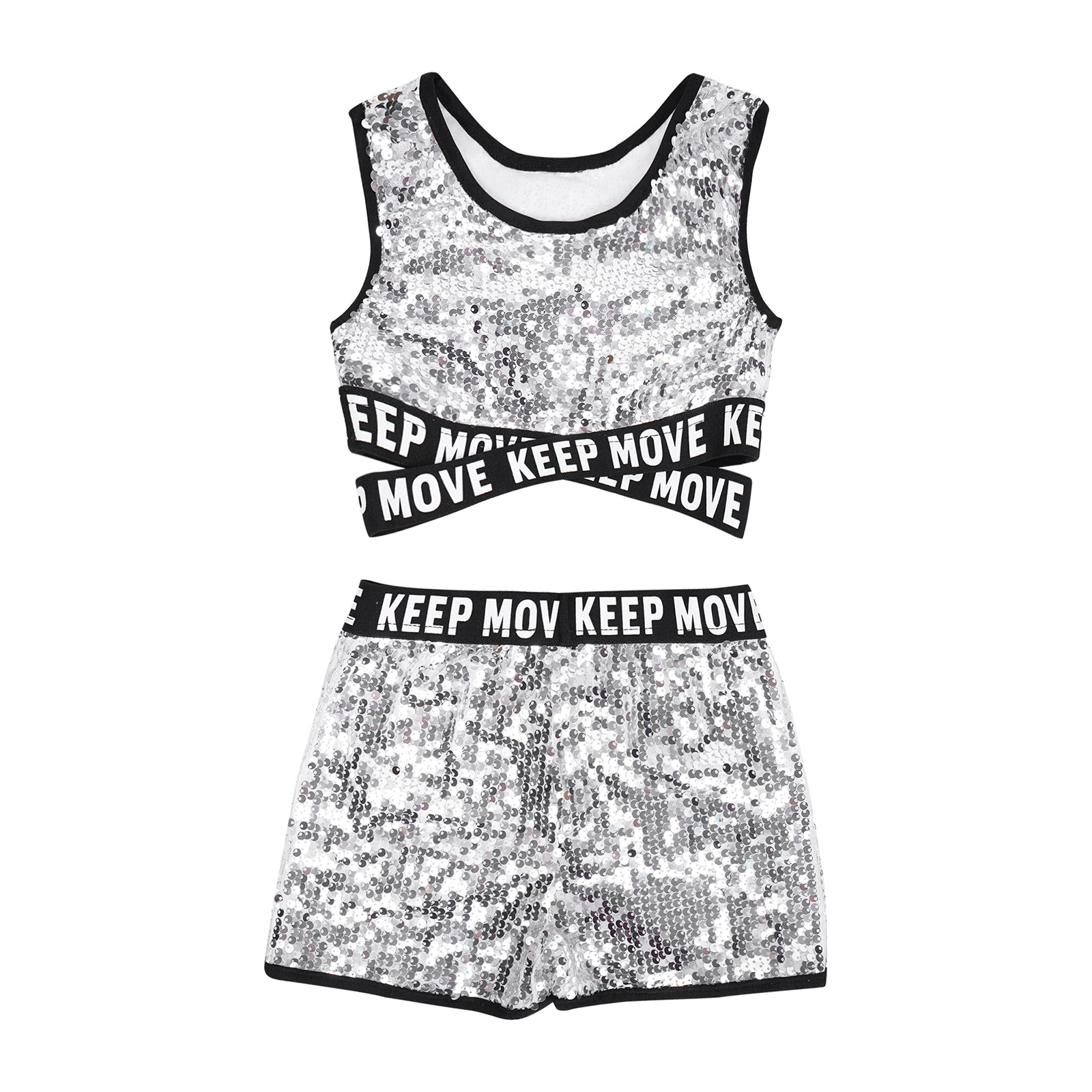Kinder Mädchen Glänzende Pailletten Jazz Dance Outfits Ärmelloses Brief Drucken Träger Crop Top mit Shorts Bühne Performance Dancewear – Detail 16