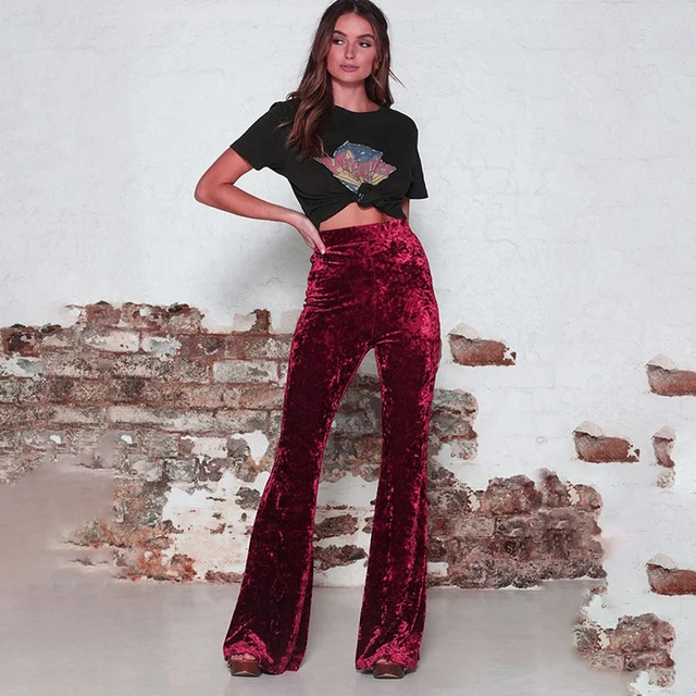 Spring Women's Sexy High Waist Trousers Casual Velour Red Black