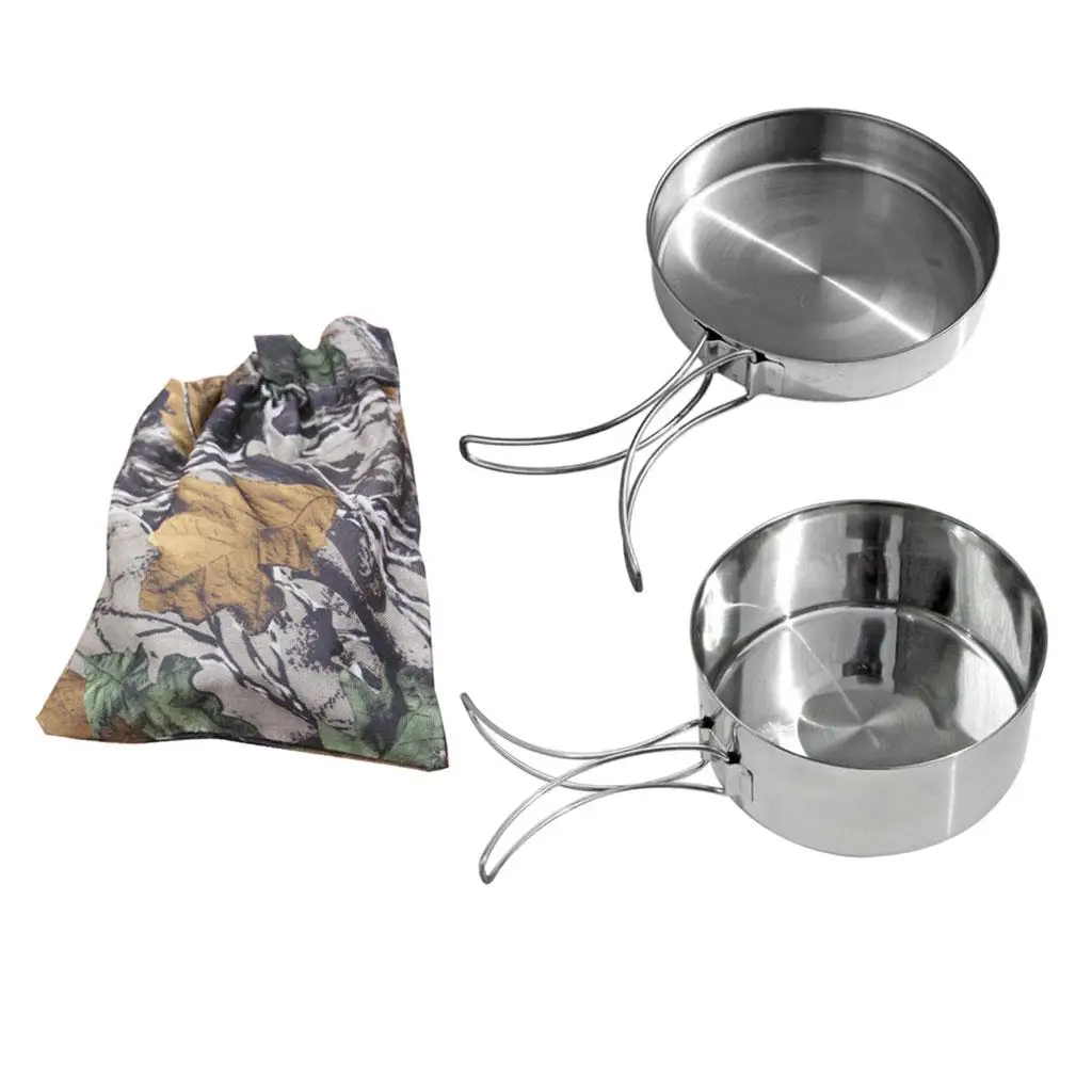 2 Pieces Camping Pot and Pan Set, Outdoor Cookware with Folding Handle,  Cooking Pot  Frying  Picnic Fishing Hiking