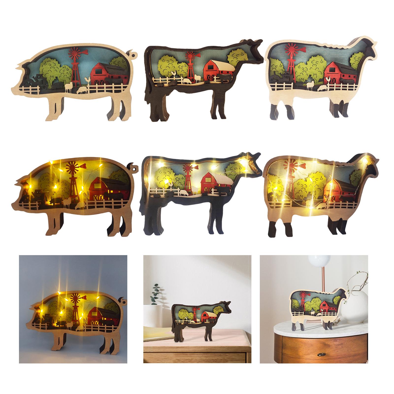 Wooden Animal Ornaments Wood Carving Layered Silhouette Pig/Sheep/Cow Statue