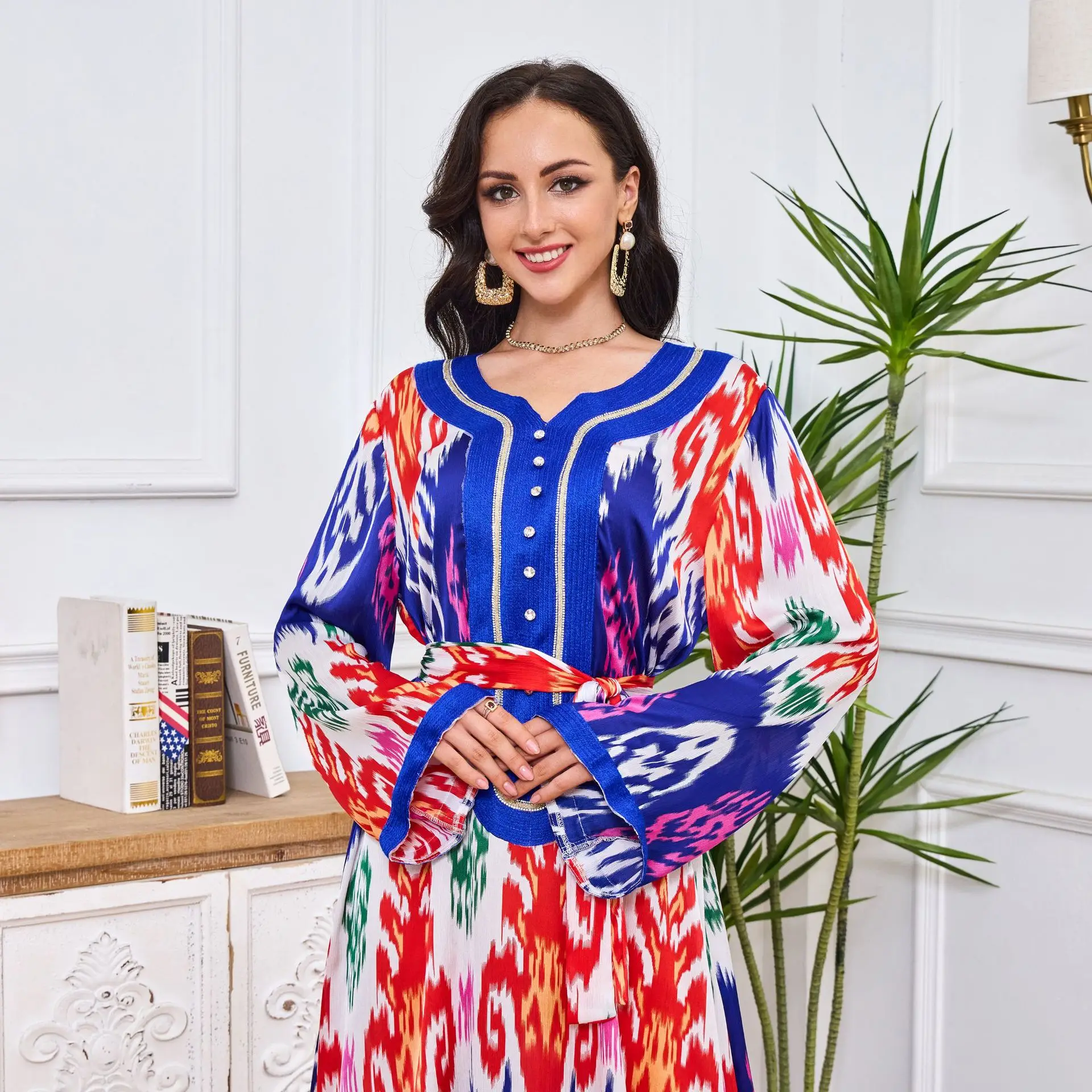 Ramadan Jalabiya Dress Muslim Eid Women Abaya Print Belt Dresses Long Sleeve Robe Kaftan Abayas Dubai Turkey Caftan Vestidos