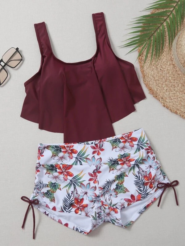 feminino floral impressão sexy biquinis conjunto maiô de duas peças babados sem costas bandagem cintura alta moda nova verão beachwear