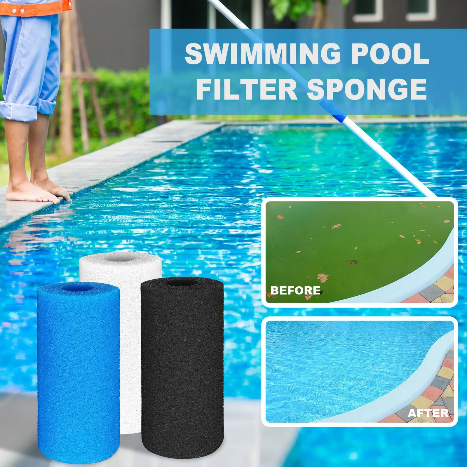 3Pcs Pool Filter Cartridge Sponge Washable Filter Pump Sponge Foam Cartridge