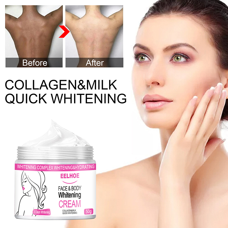 Advertisement for Skin Lightening Cream showcasing a "before and after" comparison of skin tone enhancement, along with an image of the product and a woman applying the cream to her face. Brighten your complexion with our nourishing formula for flawless results.