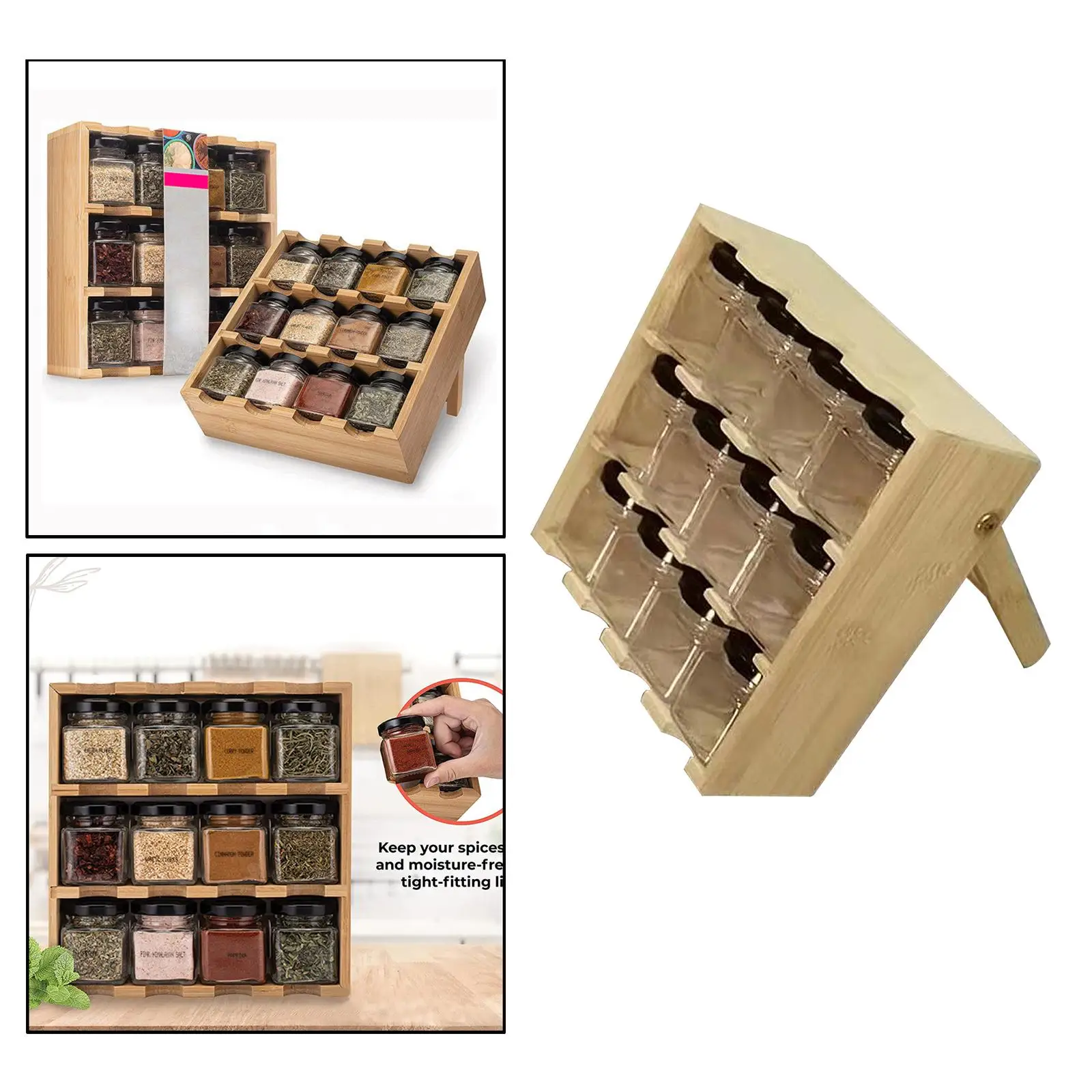 Spice Rack, Multi Tier Wood Free Standing Wall Mount Versatile Eco Friendly Storage Shelf Holder for Countertop Pantry Kitchen