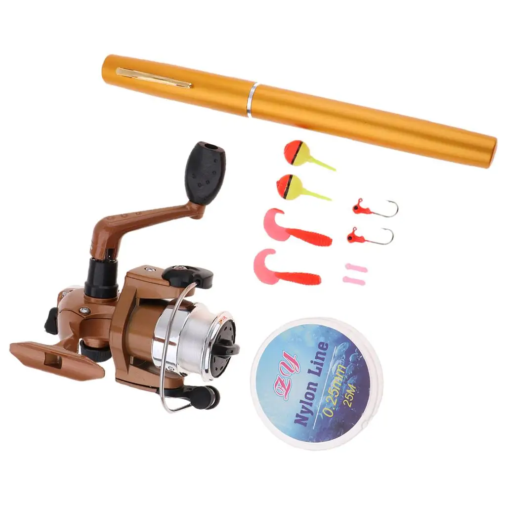 Mini Portable Fishing Set Pen Shape Aluminum Alloy Fishing Rod Pole Reel Line and Hook